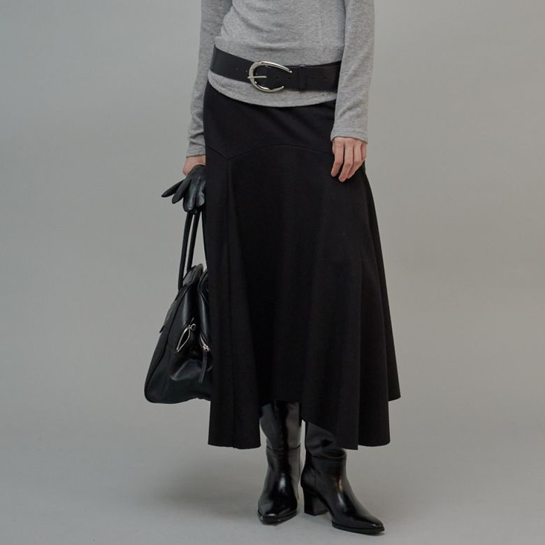 Wool Draping Long Skirt Black