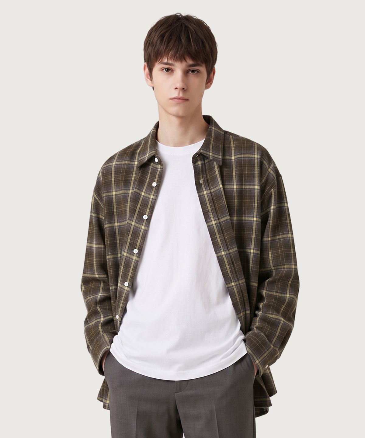 탑보이(TOPBOY) 소프트 오버핏 체크 셔츠 샌드브라운