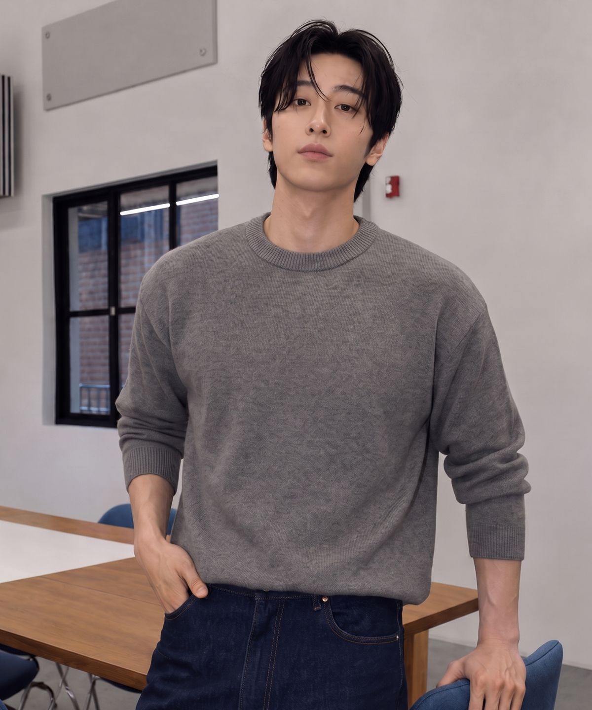 에르비노(HERVINO) 데일리 크루넥 니트 스웨터[그레이]