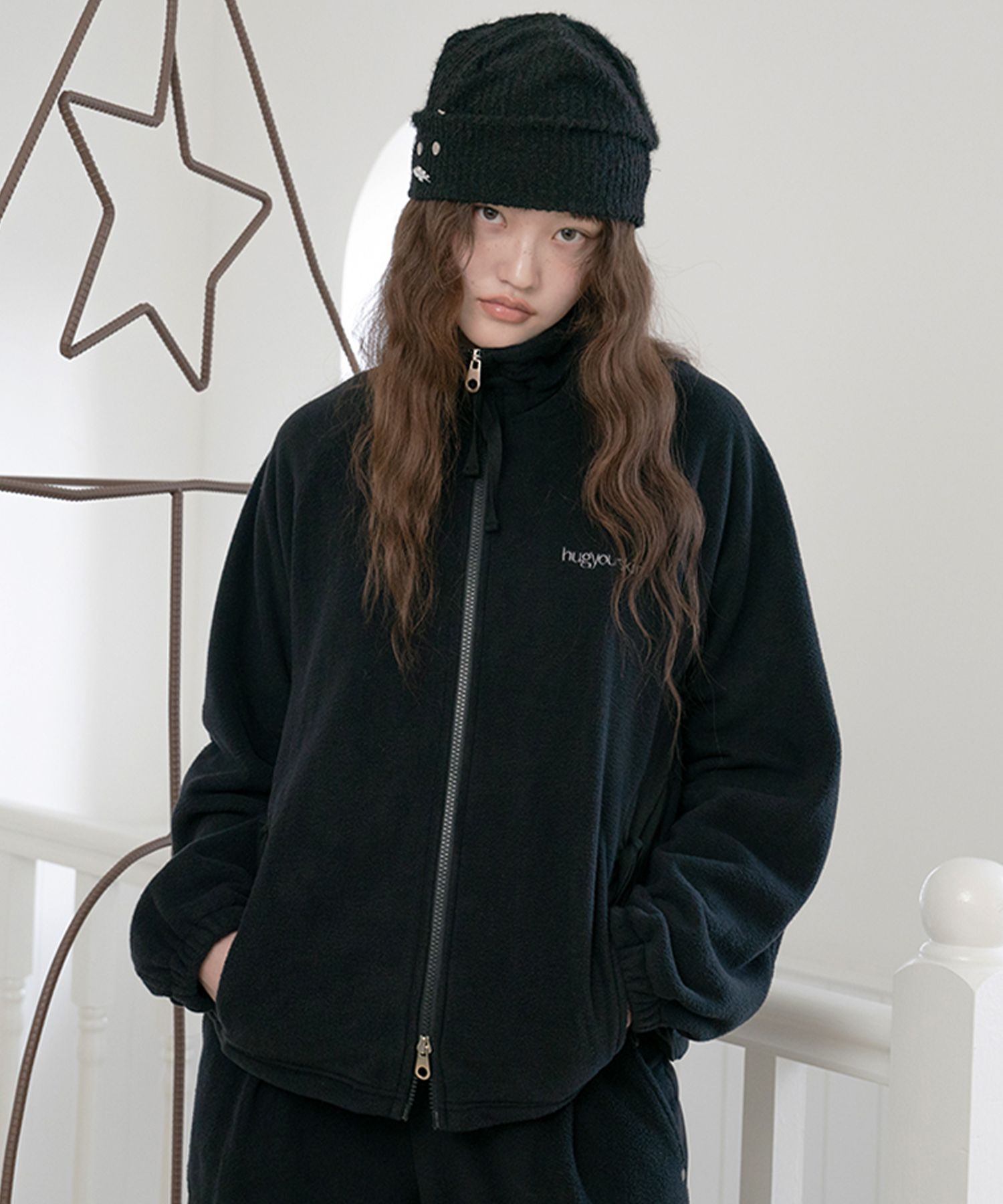 MUSINSA | HUG YOUR SKIN Drawstring Fleece Zip-Up (Black)