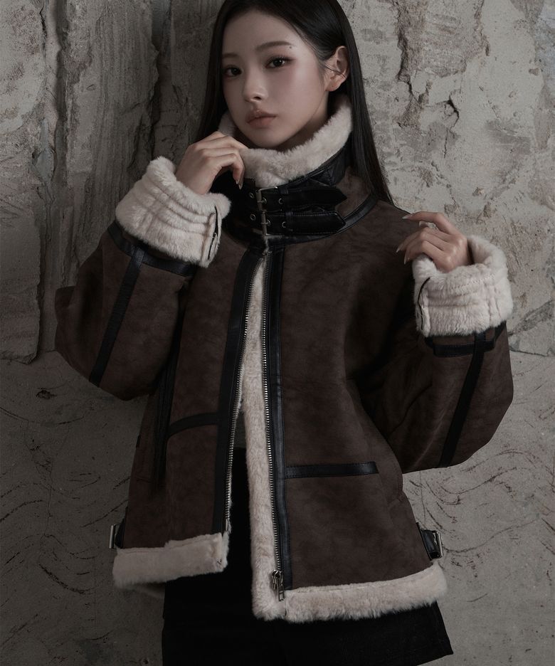 UNISEX [0032] 더블 버클 하이넥 무스탕 (BR)