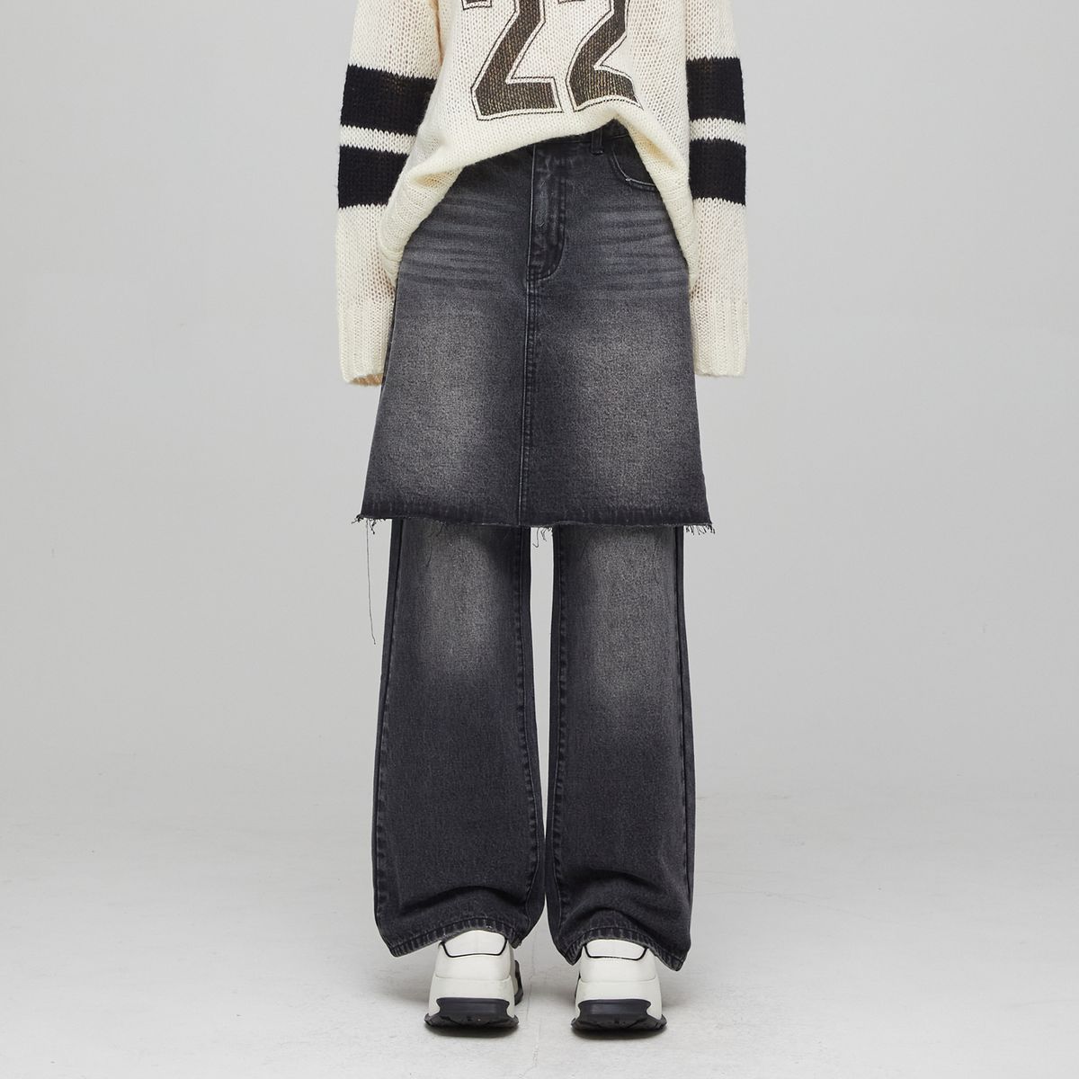 라라폭스(LALAFOX) BLACK DENIM MIDI SKIRT PANTS BLACK BQ4DP005