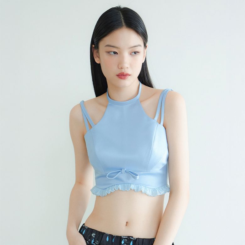 블루 새틴 리본 홀터 탑