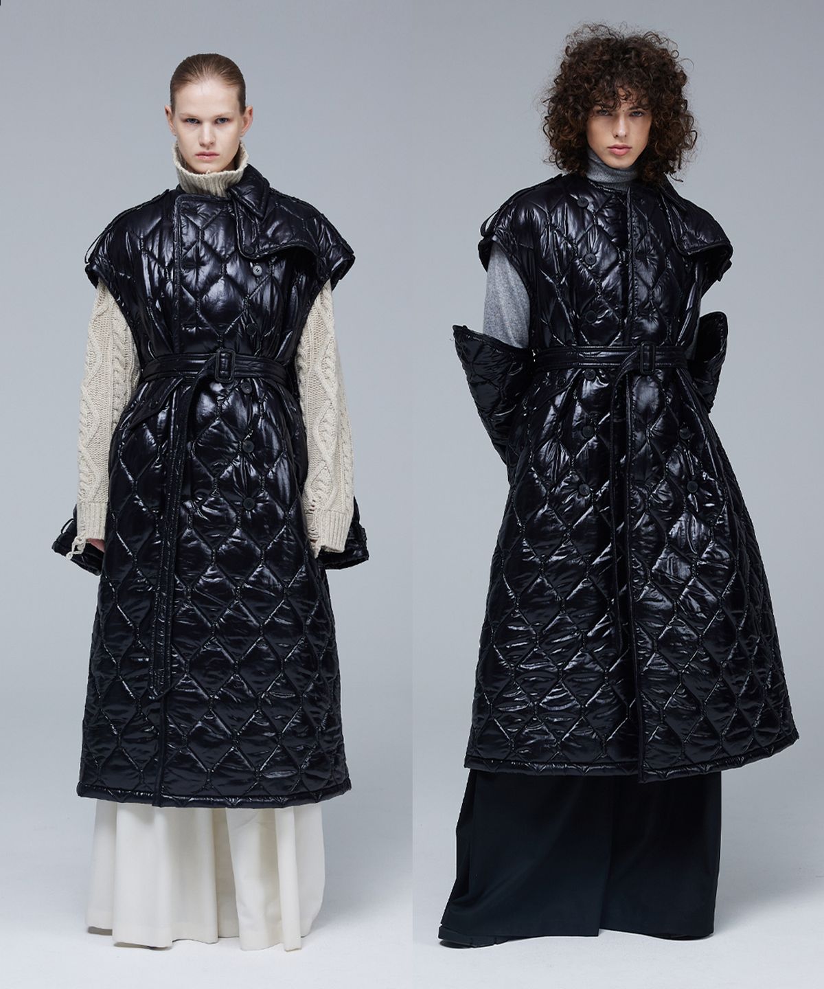 므아므(MMAM) Glossy quilting off-sleeve trench coat