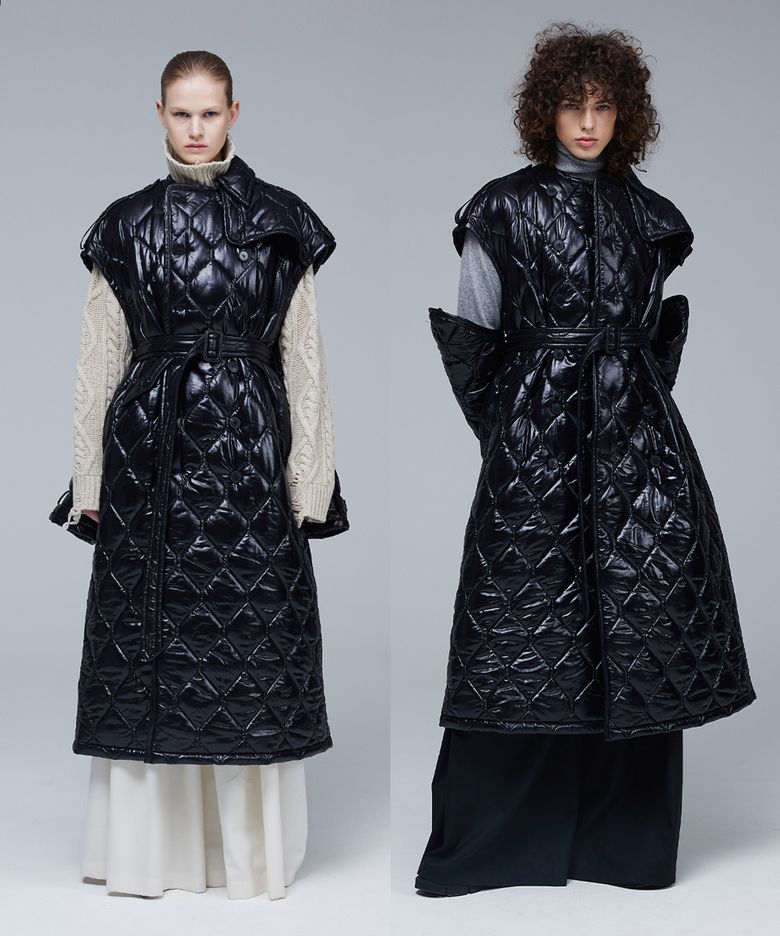 Glossy quilting off-sleeve trench coat