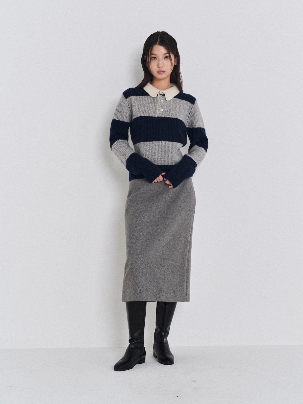포커페이스(POKERFACE) (W)RUGBY SWEATER GREY/NAVY