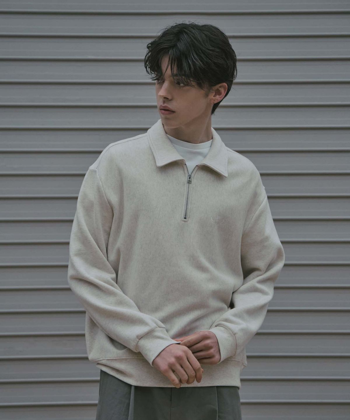 라드에디션(LAD EDITION) 카라 하프 집업 스웻셔츠_오트밀 멜란지