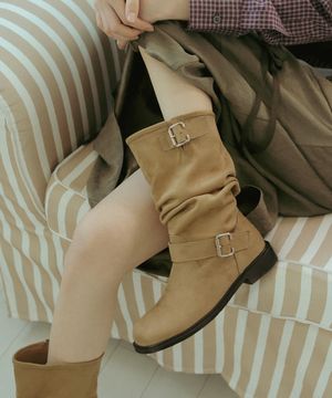 ljh5009 Buckle Detail Shirring Mid Boots (Suede) - 2 Colors