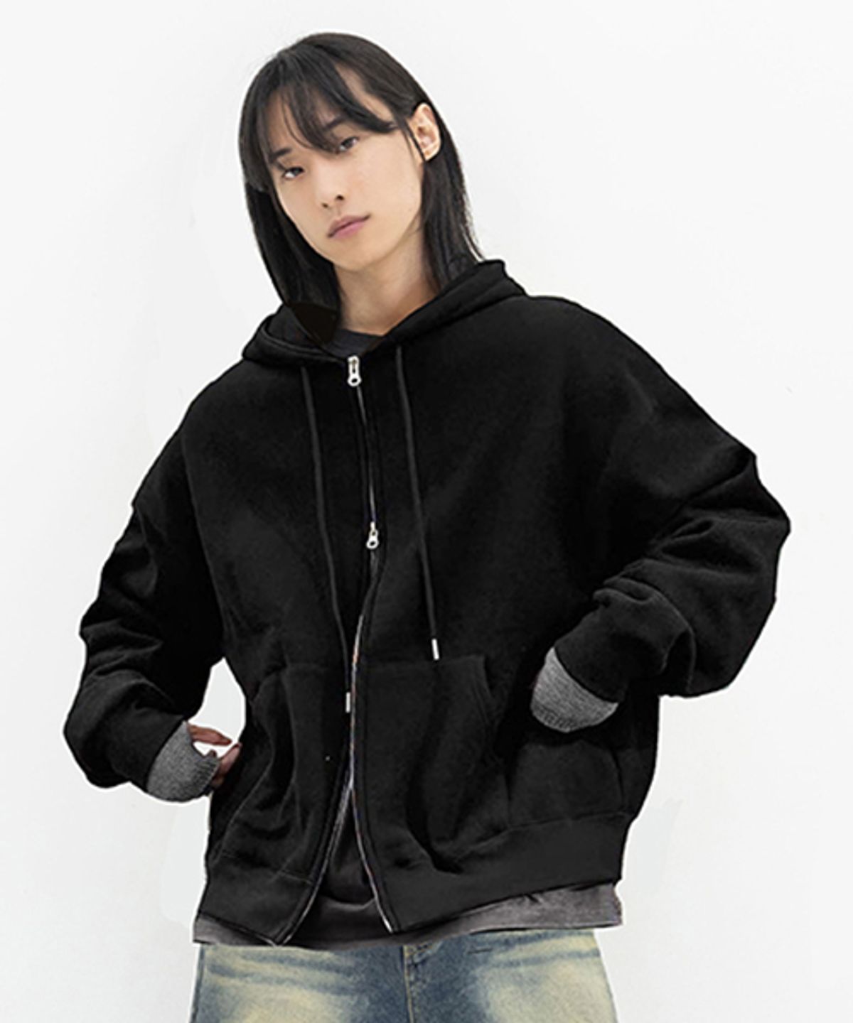 크리스첼로(CRISCELO) 무지 후드 2WAY ZIP-UP_블랙