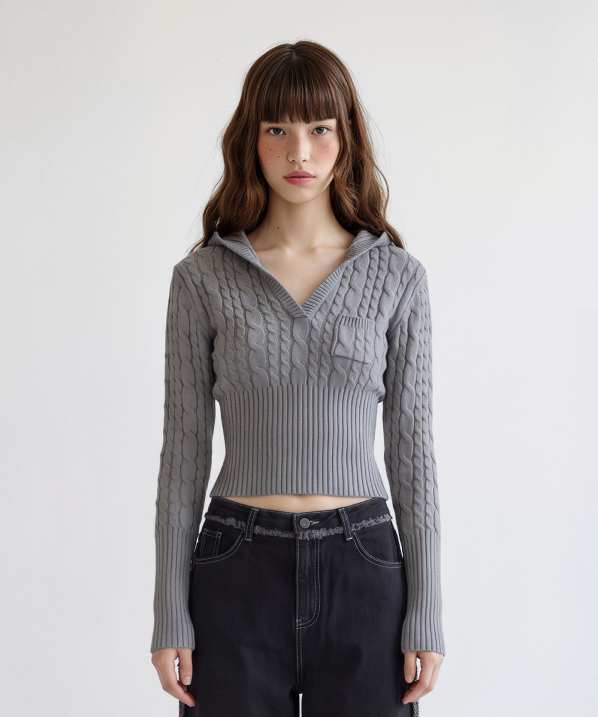 키시닝(KISYNING) Twist Crochet V-neck Hoodie (Gray)