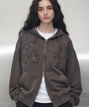 플레임 아플리케 피그먼트 후드집업 브라운