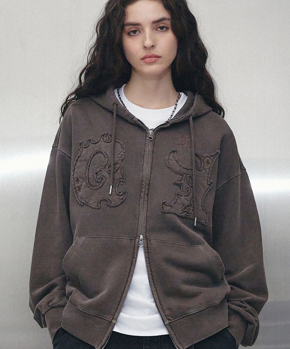 MUSINSA | GAKKAI UNIONS Flame Applique Pigment Hooded Zip-Up
