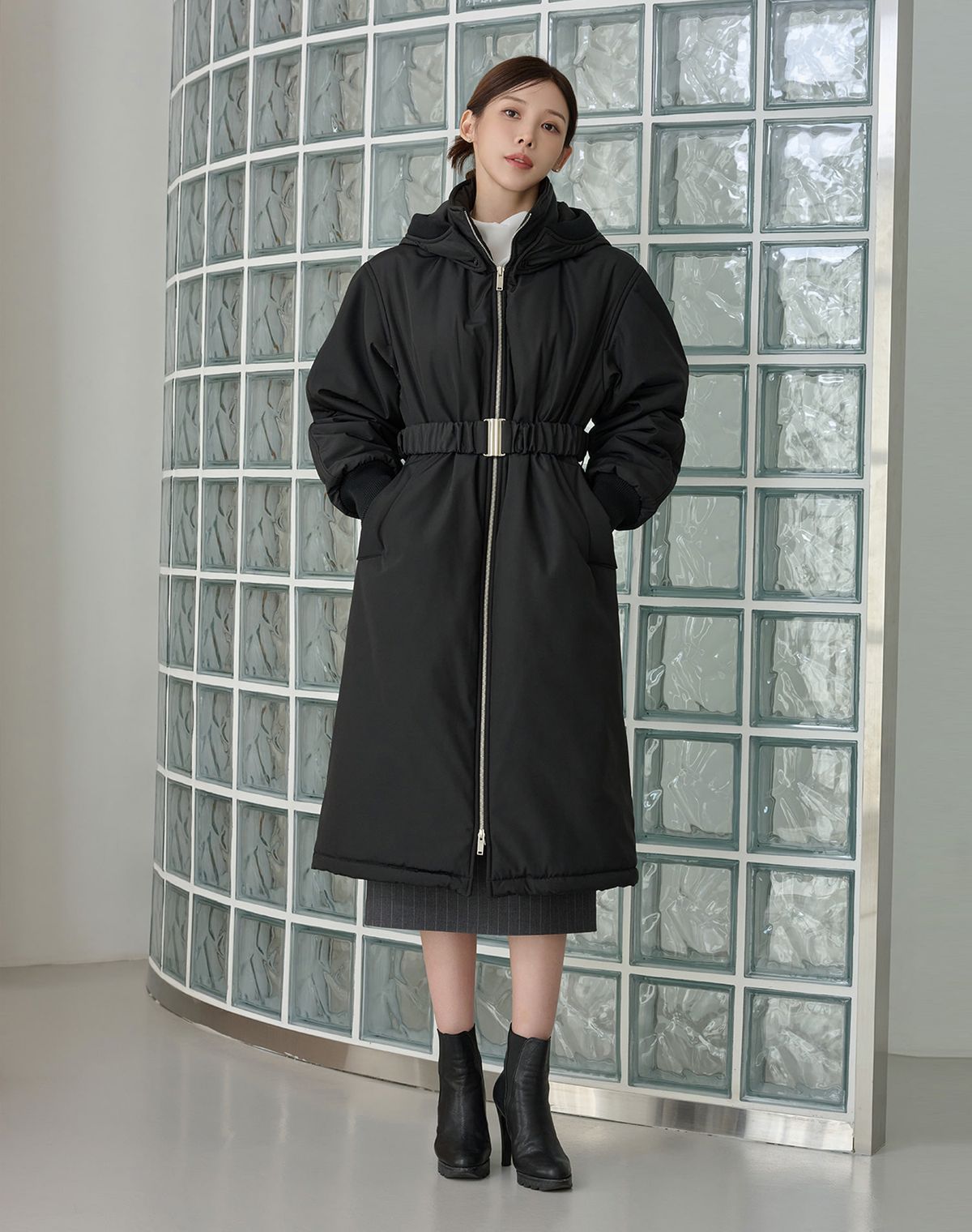 지에마르(GIEMAR) BELT LONG PADDING JUMPER BLACK 벨트 롱 패딩 점퍼 블랙