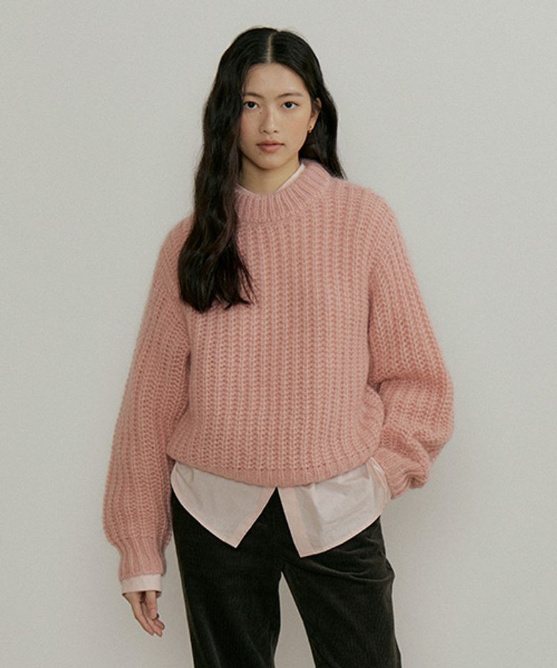 kid mohair half neck knit-pink
