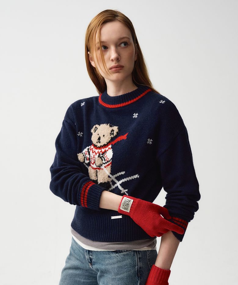 W SKI BEAR CROP SWEATER navy