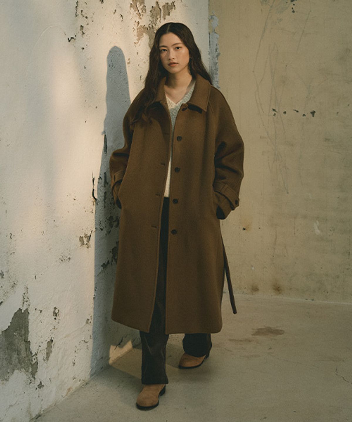 링서울(LINGSEOUL) wool belted balmacan coat-brown