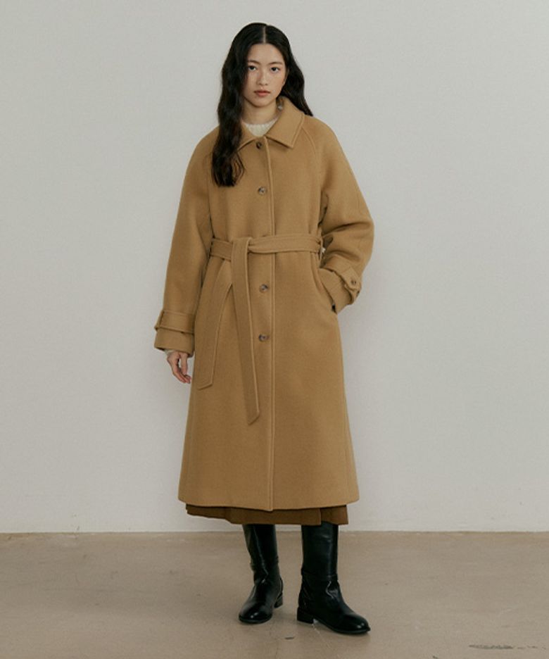 wool belted balmacan coat-beige