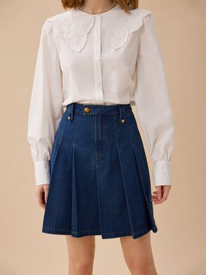 AUDREY denim pleats mid skirt_BLUE