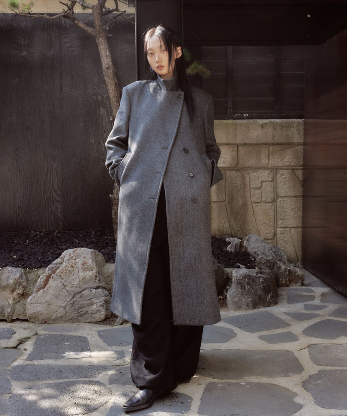 유스(YOUTH) Oversized Double Breasted Coat - Charcoal Grey