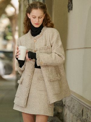 TERESA woolen tweed quilting skirt_OATMEAL