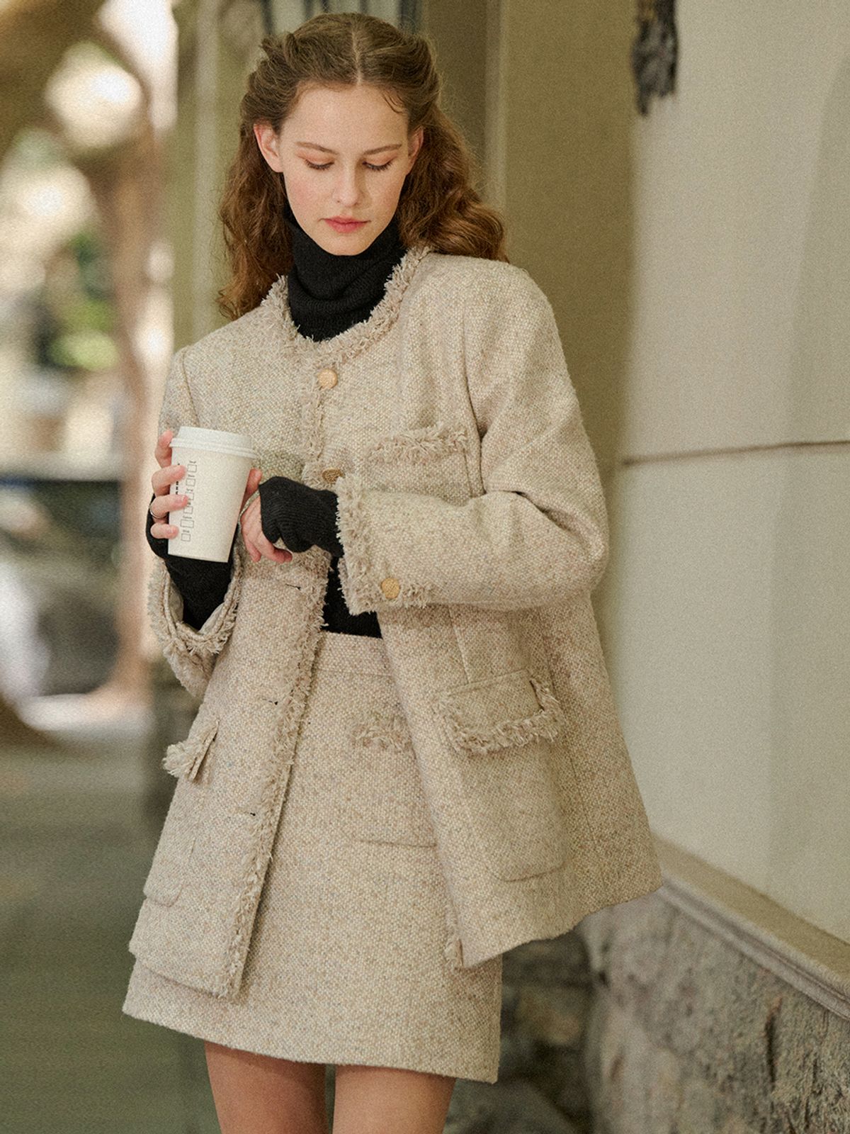 르니나(LENINA) TERESA woolen tweed quilting skirt_OATMEAL