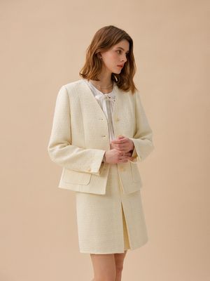 WILMA woolen v neck tweed jacket_IVORY
