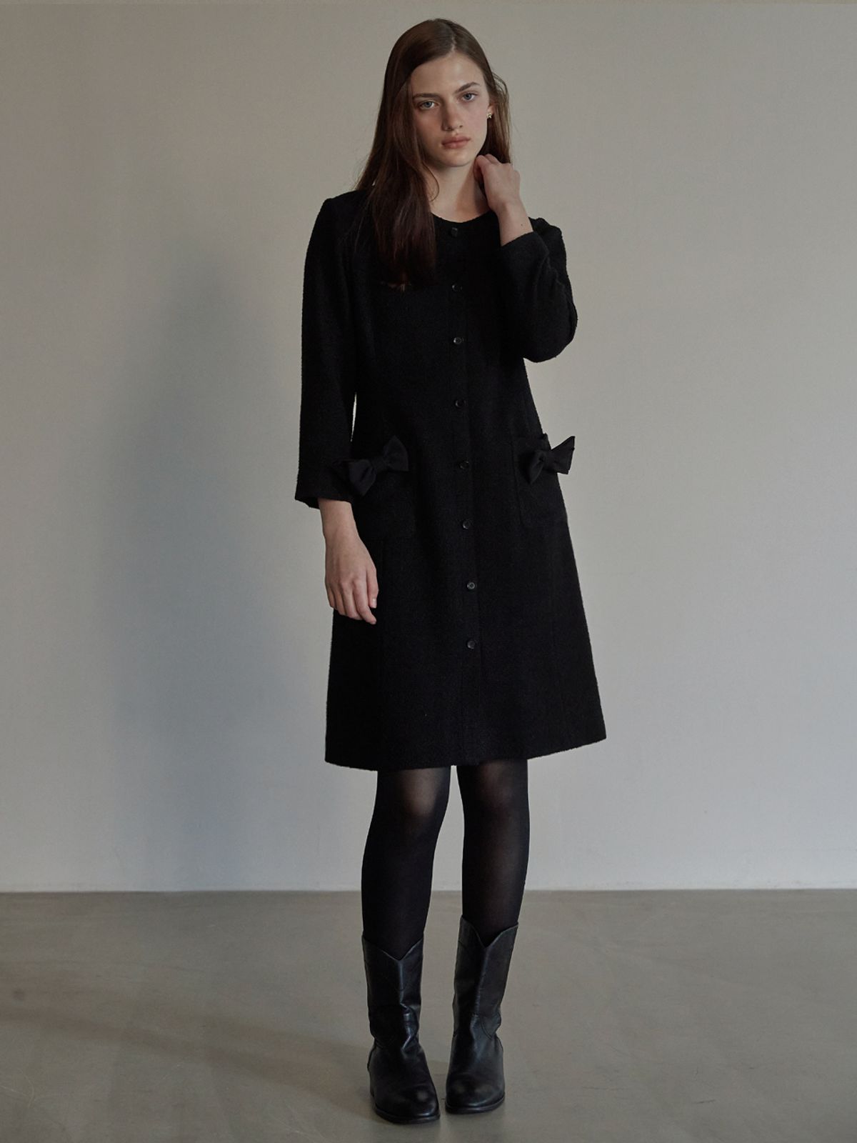 비뮤즈맨션(BEMUSE MANSION) Ribbon point tweed dress - Black