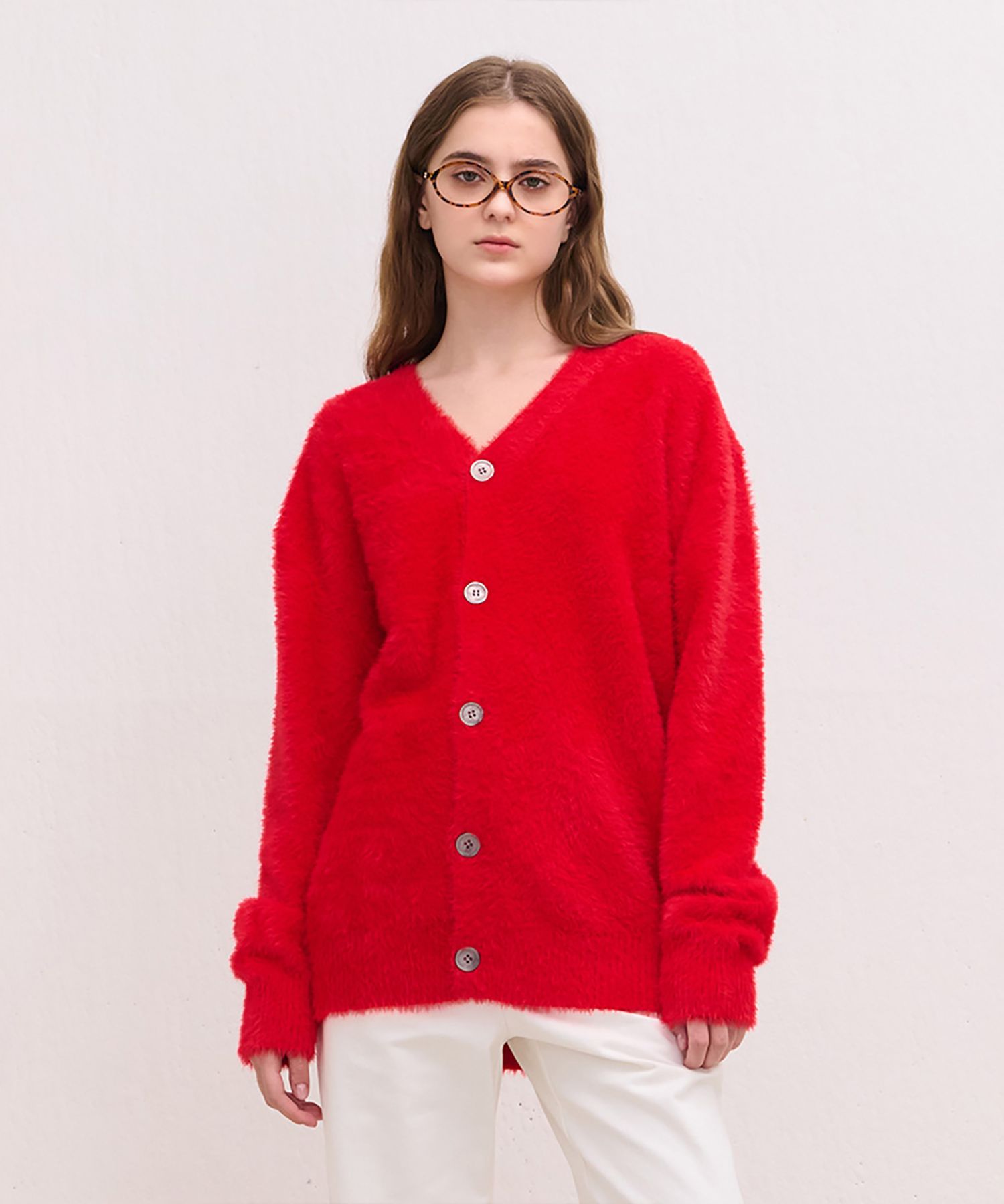 MUSINSA | Camino Angora V-neck knit cardigan red