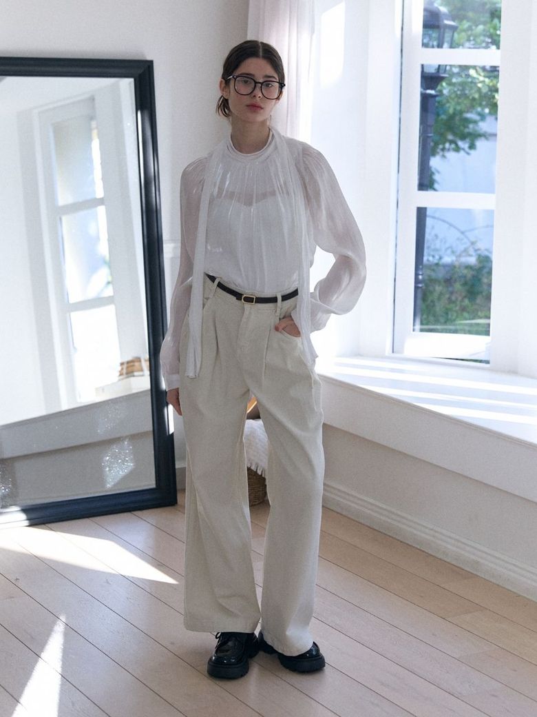 cotton pintuck wide pants_Ivory