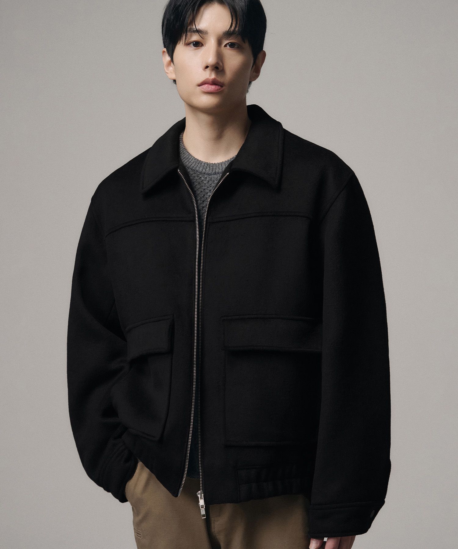 MUSINSA | DRAW FIT Wool zip-up big pocket blouson jacket [BLACK]