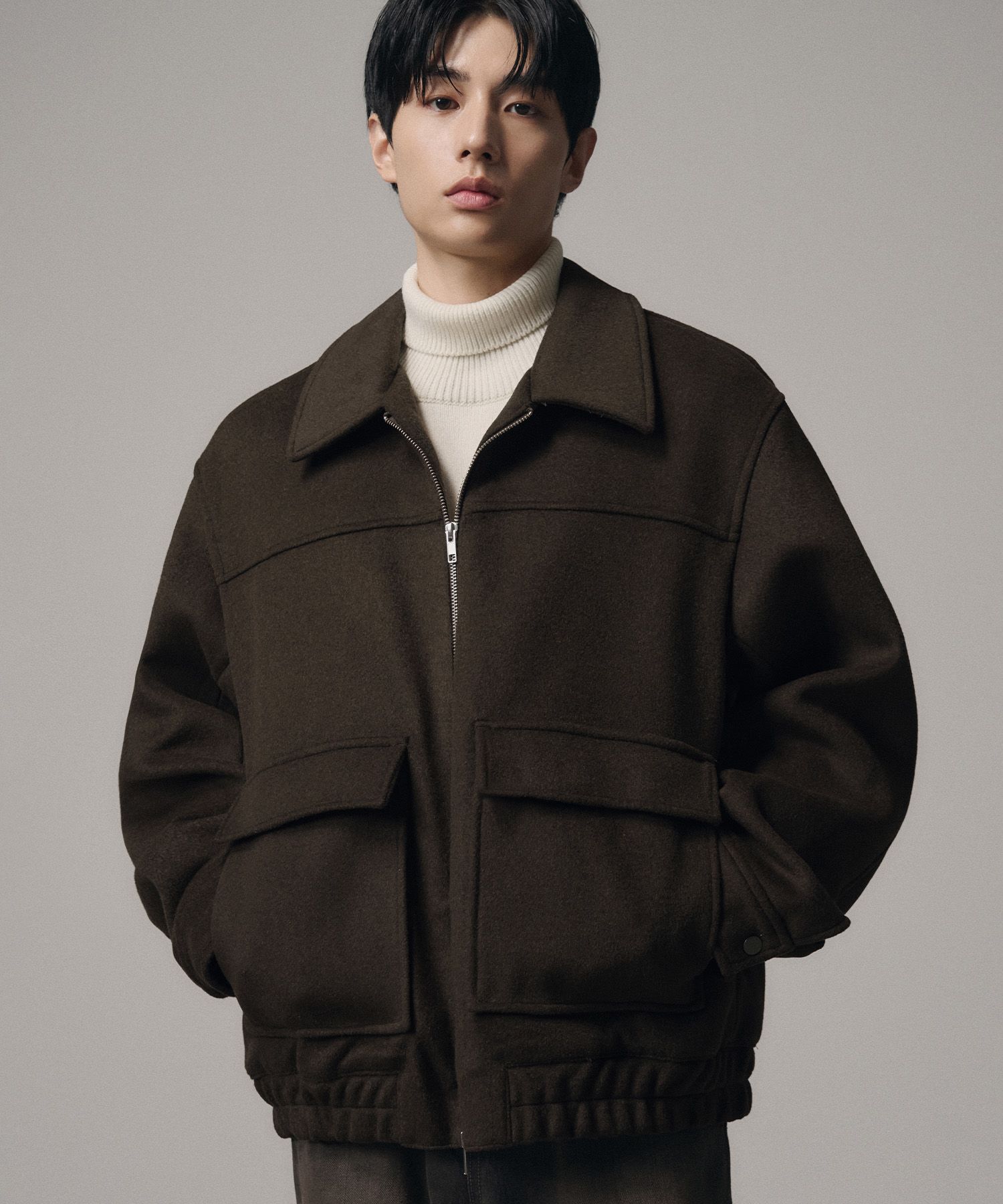MUSINSA | DRAW FIT Wool Zip-Up Big Pocket Blouson Jacket [BROWN]