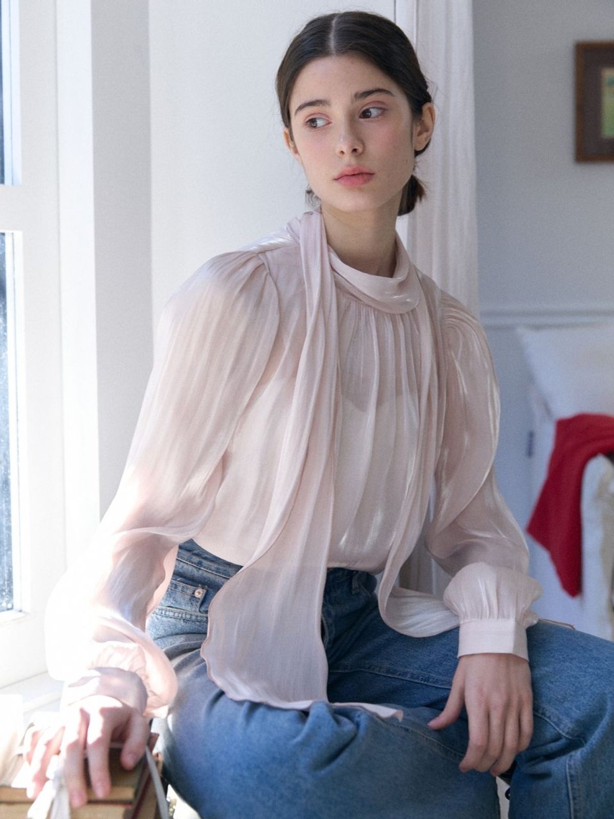 패브릭서울(FABRICSEOUL) tie collar silky glossy blouse_pink