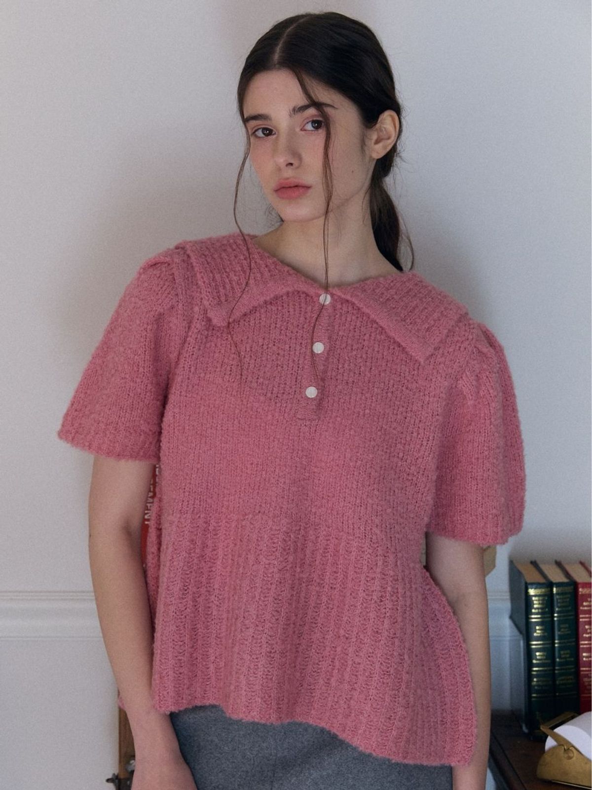 패브릭서울(FABRICSEOUL) wool button collar puff knit_pink