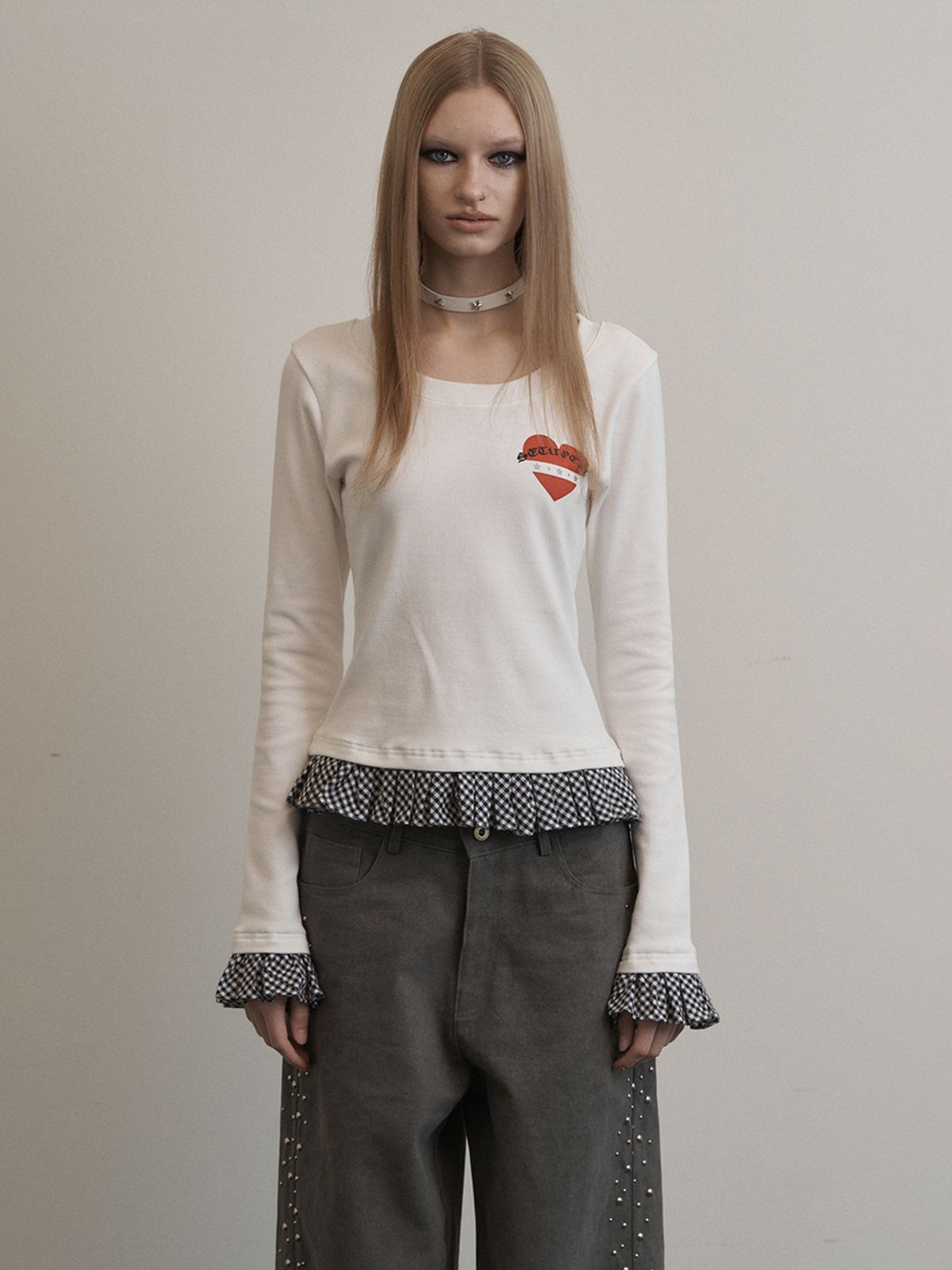 셋업이엑스이(SETUP-EXE) CHECK FRILL TOP / OFF WHITE