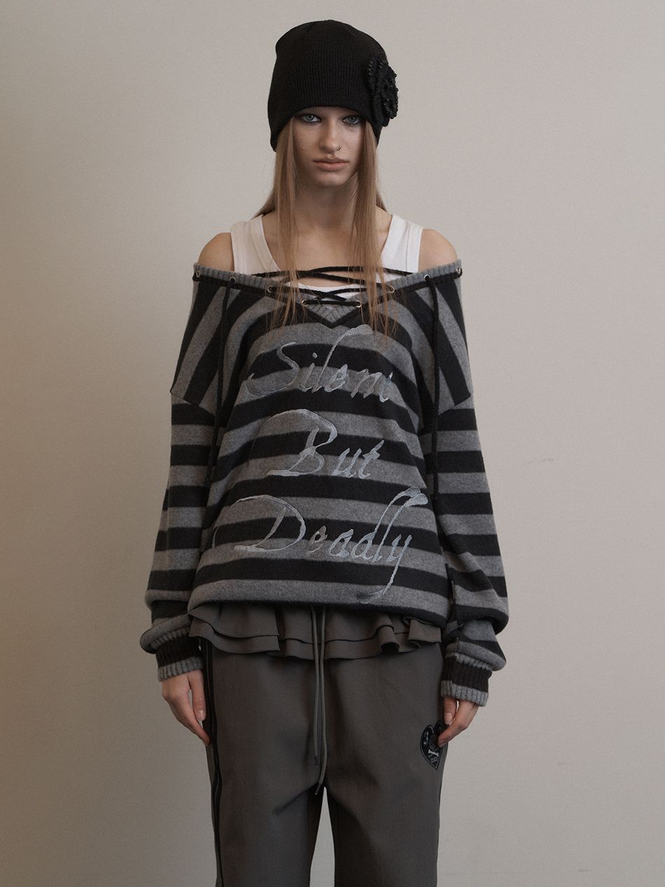MUSINSA | SETUPEXE STRIPE V-NECK MTM / BLACK
