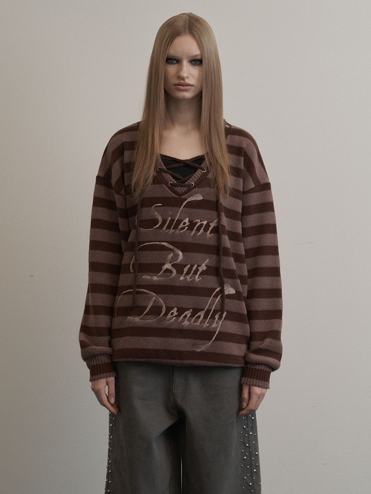 셋업이엑스이(SETUP-EXE) STRIPE V-NECK MTM / BROWN