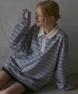 스트라이프 카라 티셔츠(기모/쭈리)-그레이