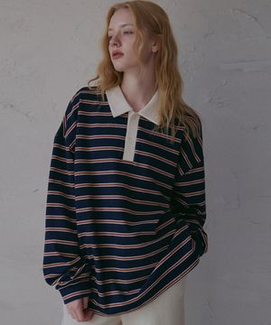 스트라이프 카라 티셔츠-네이비