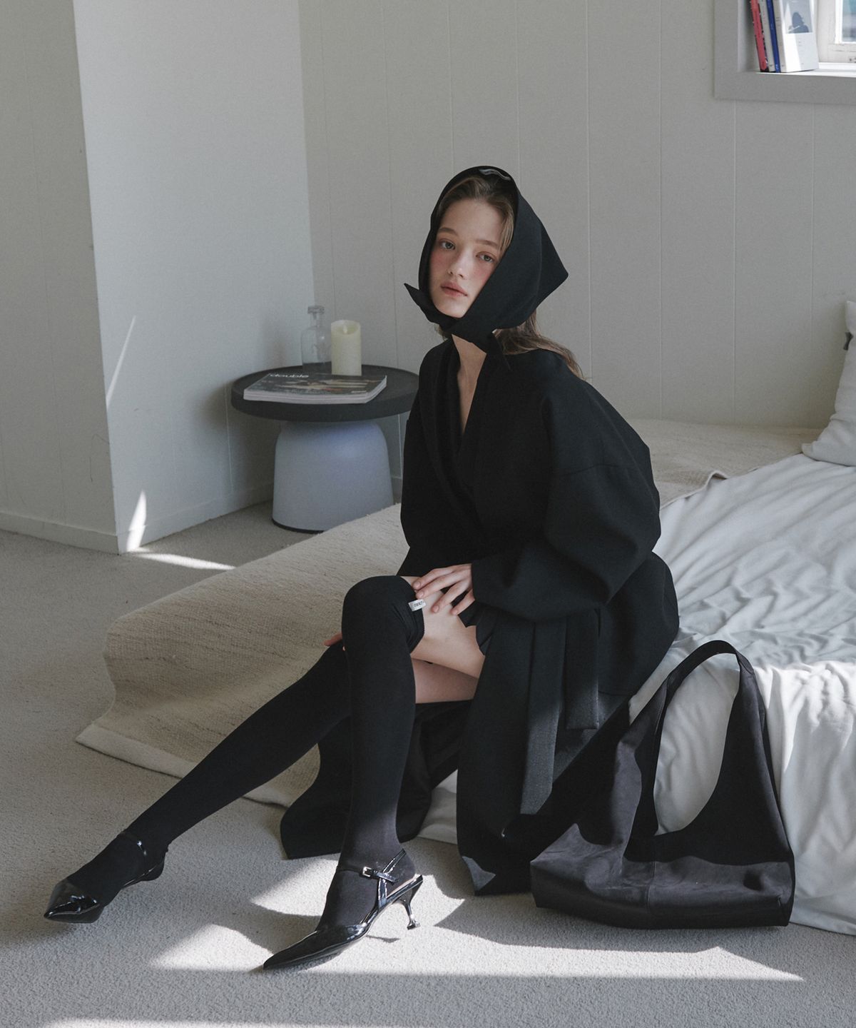 마우솔레움(MAU SOLEUM) Helena Wool Head Scarf Coat Set - Black