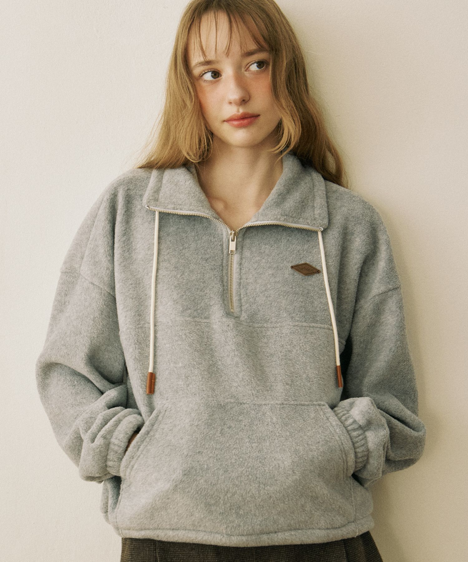 MUSINSA公式 | OURHOPE Logo Fleece Half Zip-Up Sweatshirt - Grey