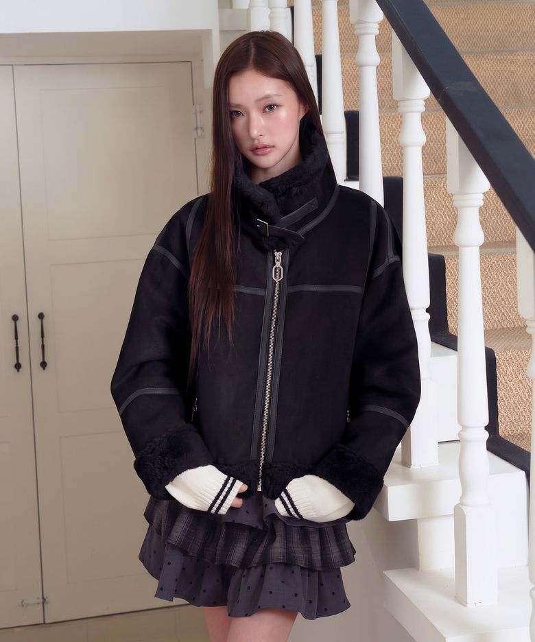 FAUX 퍼 하이넥 무스탕 쟈켓 [밍크/블랙]
