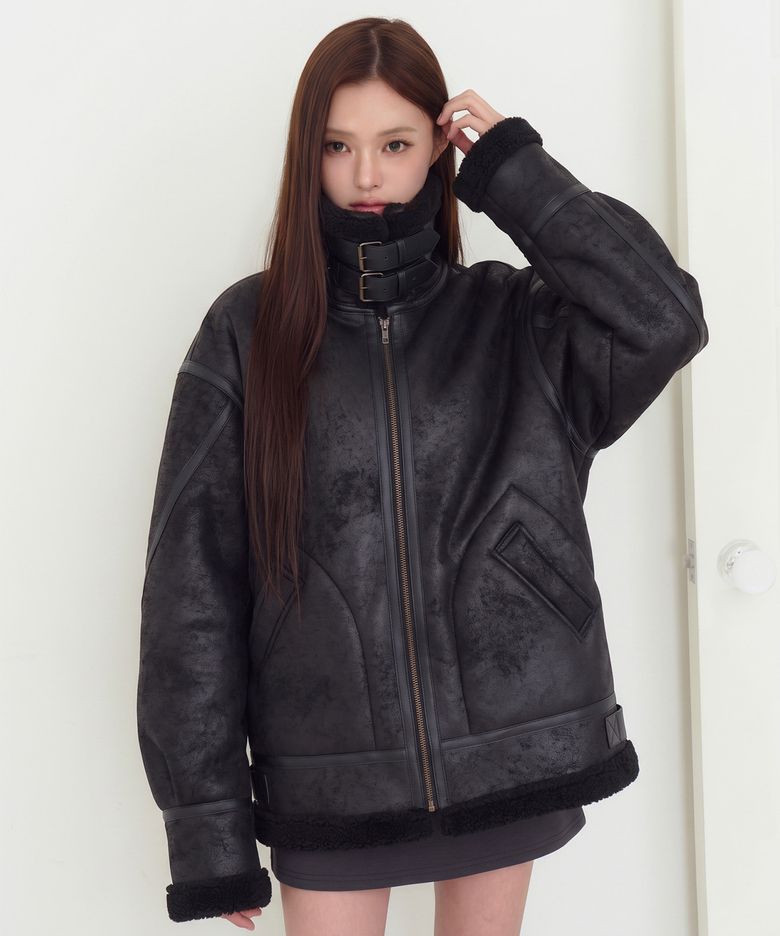 FAUX 레더 쉐르파 무스탕 쟈켓 [블랙]