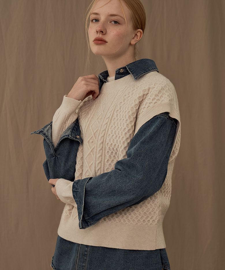 Cable Round neck Knit Vest (3colors)