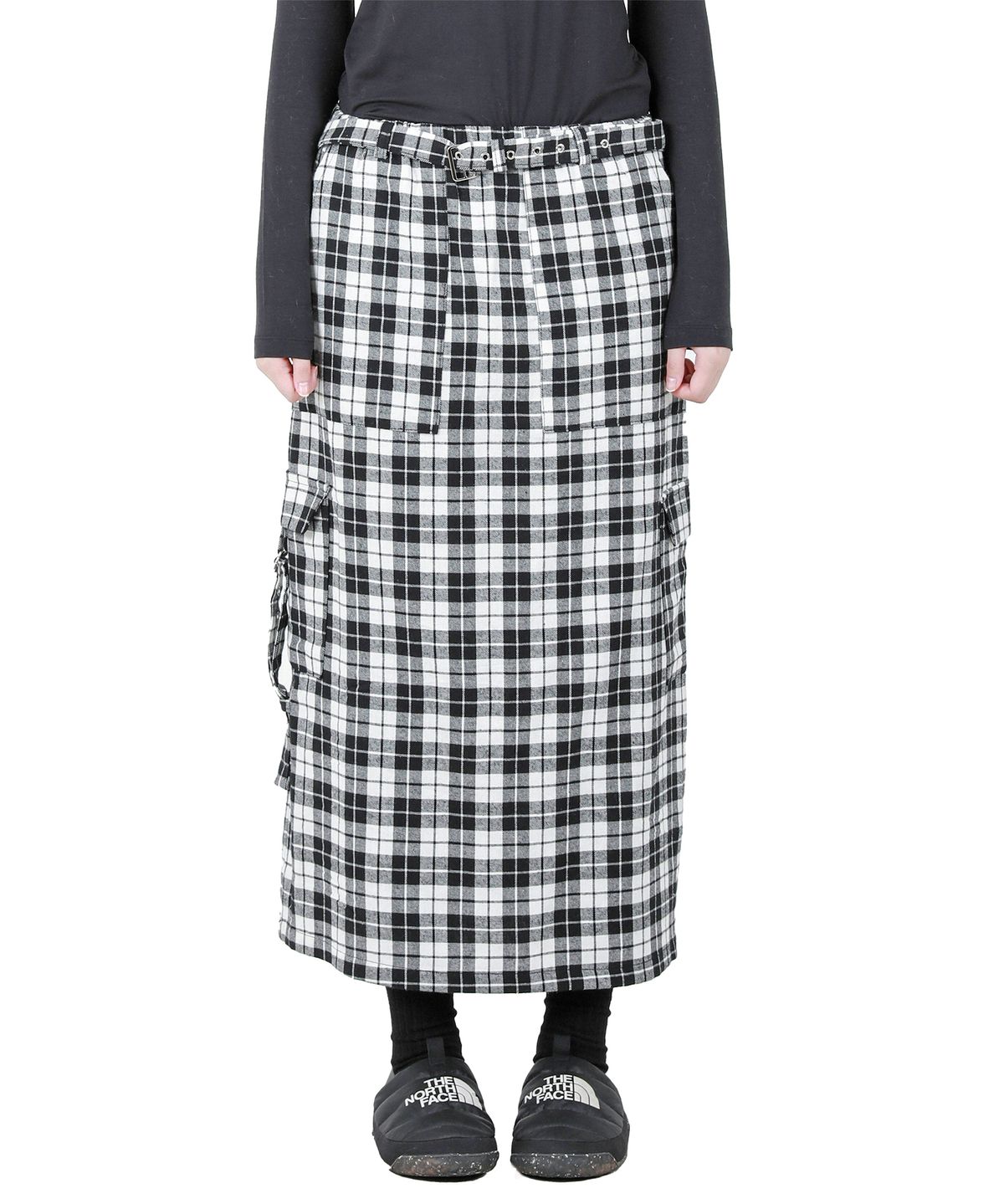 카타르시스(KATHARSIS) 체크 벨트 밴딩 롱스커트 블랙 ONE SIZE