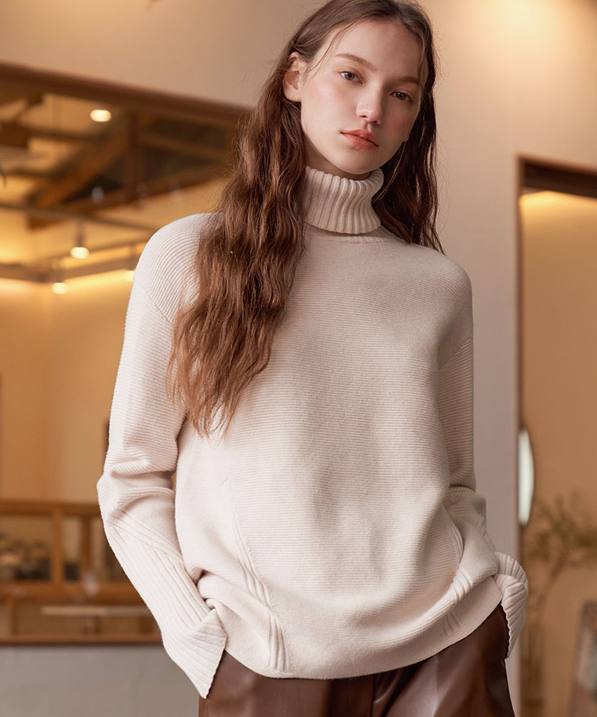 바스카라(VASCARA) Diagonal Patterned Turtleneck Knitwear (7colors)