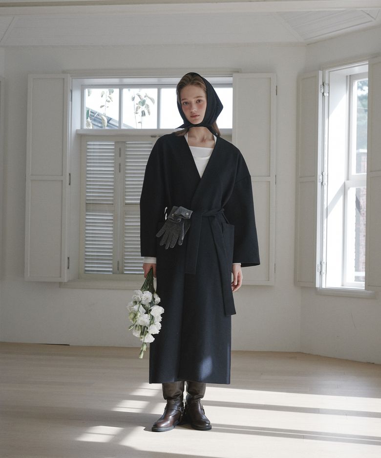 Helena Wool Head Scarf Coat Set - Dark Navy