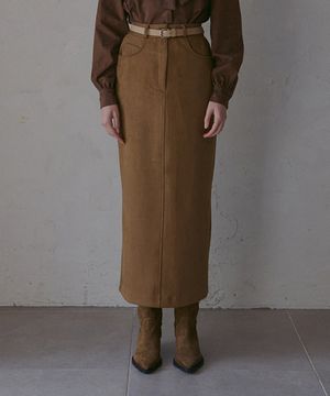 스웨이드 스판 펜슬 스커트-브라운