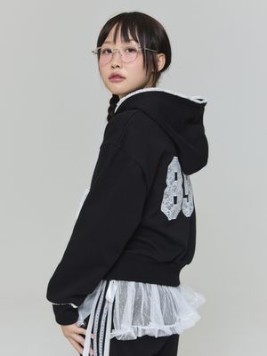 레이스 아플리케 후드 집업 - 블랙