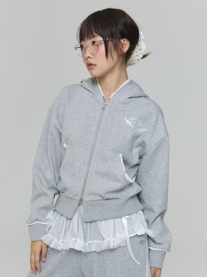 레이스 아플리케 후드 집업 - 그레이