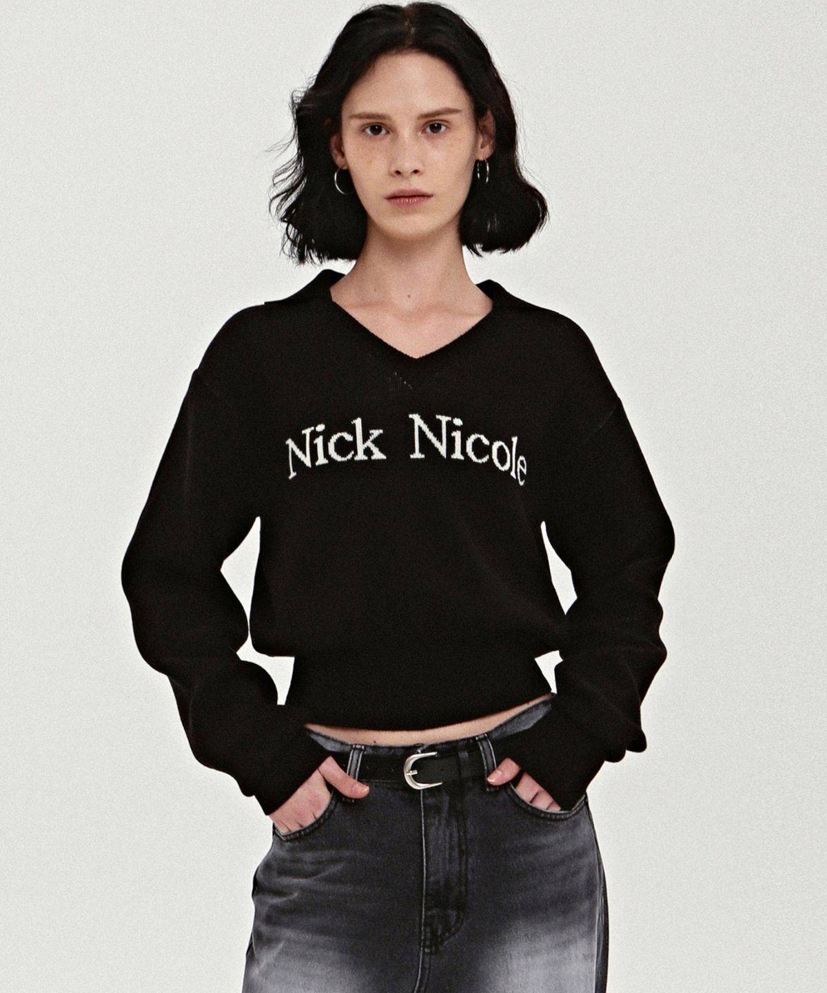 닉앤니콜(NICK&NICOLE) NICOLE COLOR BLOCK COLLAR KNIT_BLACK